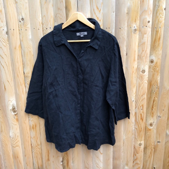 Flax Tops - Flax black 100% linen 3/4 sleeve top